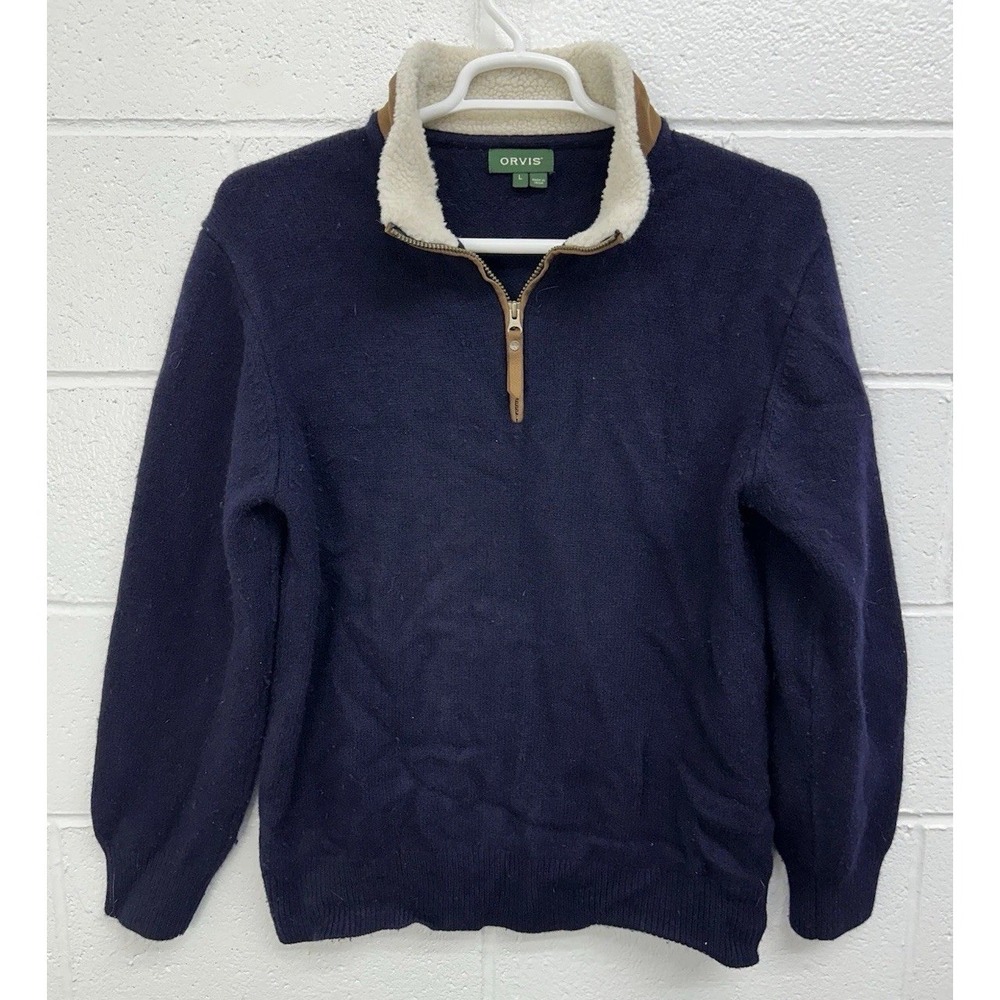 Orvis Sweater Navy‎ Lambswool Leather Sherpa Collar / Men's Large